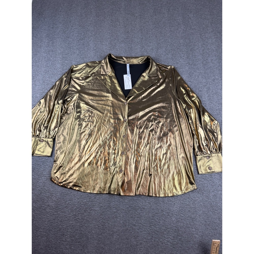 NY Collection Button Down Shirt Women's 2X Gold Metallic Long Sleeve LLB2343